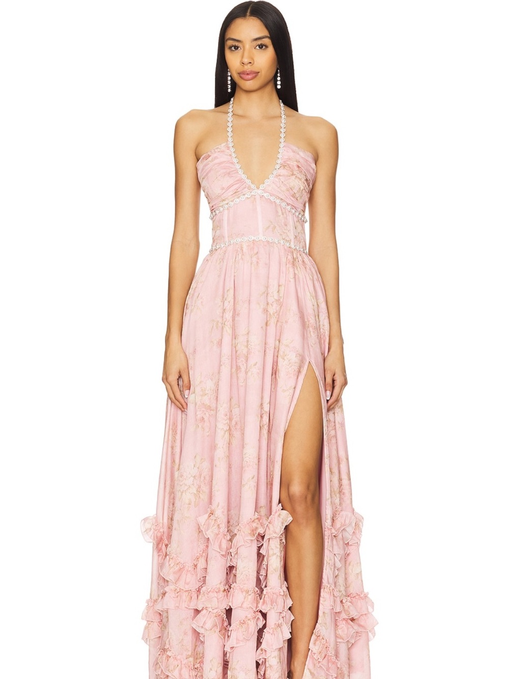 V. Chapman Pink Strapless Ruffle Maxi Dress with High Slit